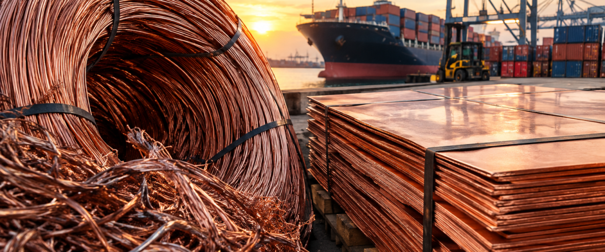 Millberry copper wire scrap prepared for international export at an industrial port