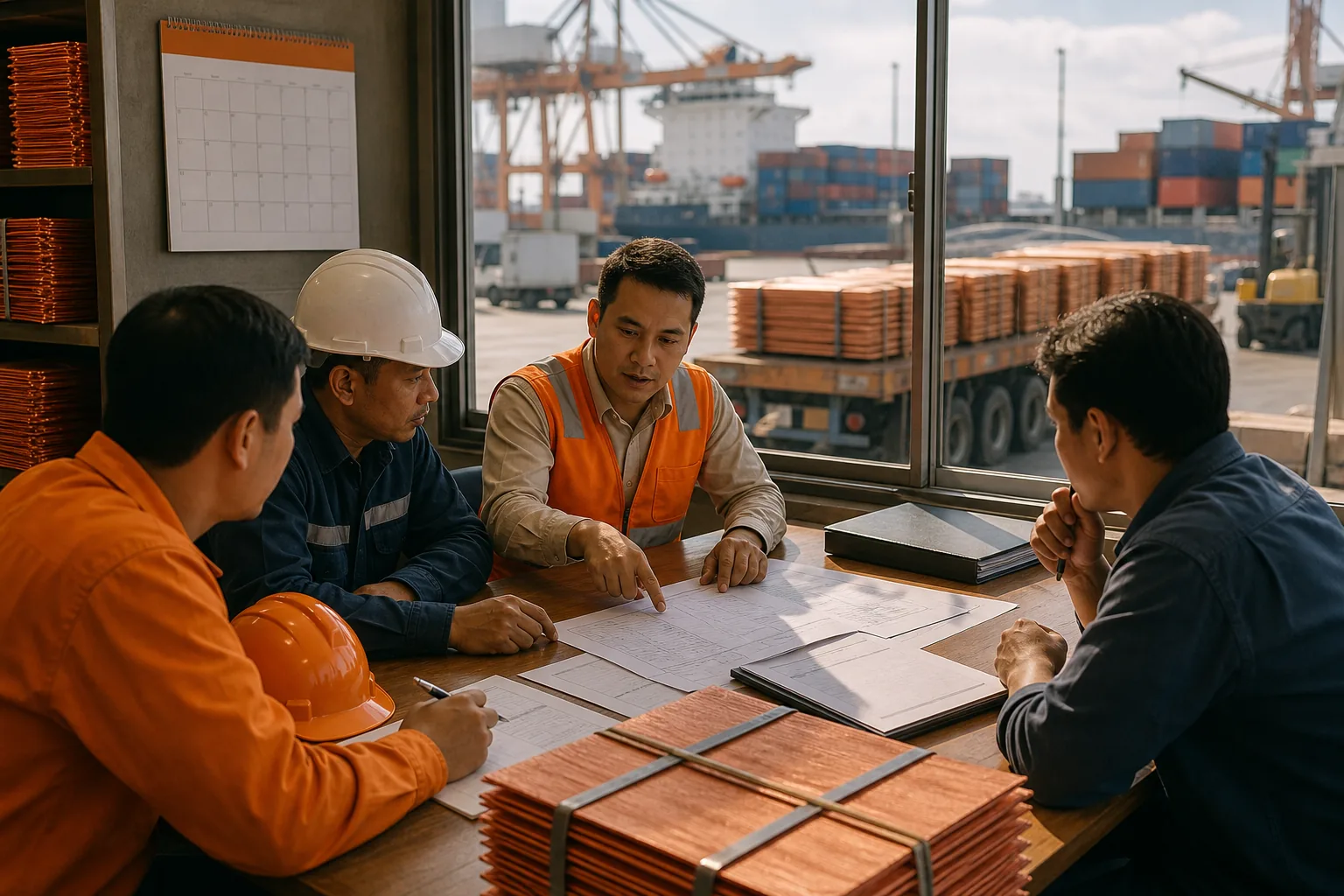 Acheteur et exportateur examinant une livraison de cuivre au port